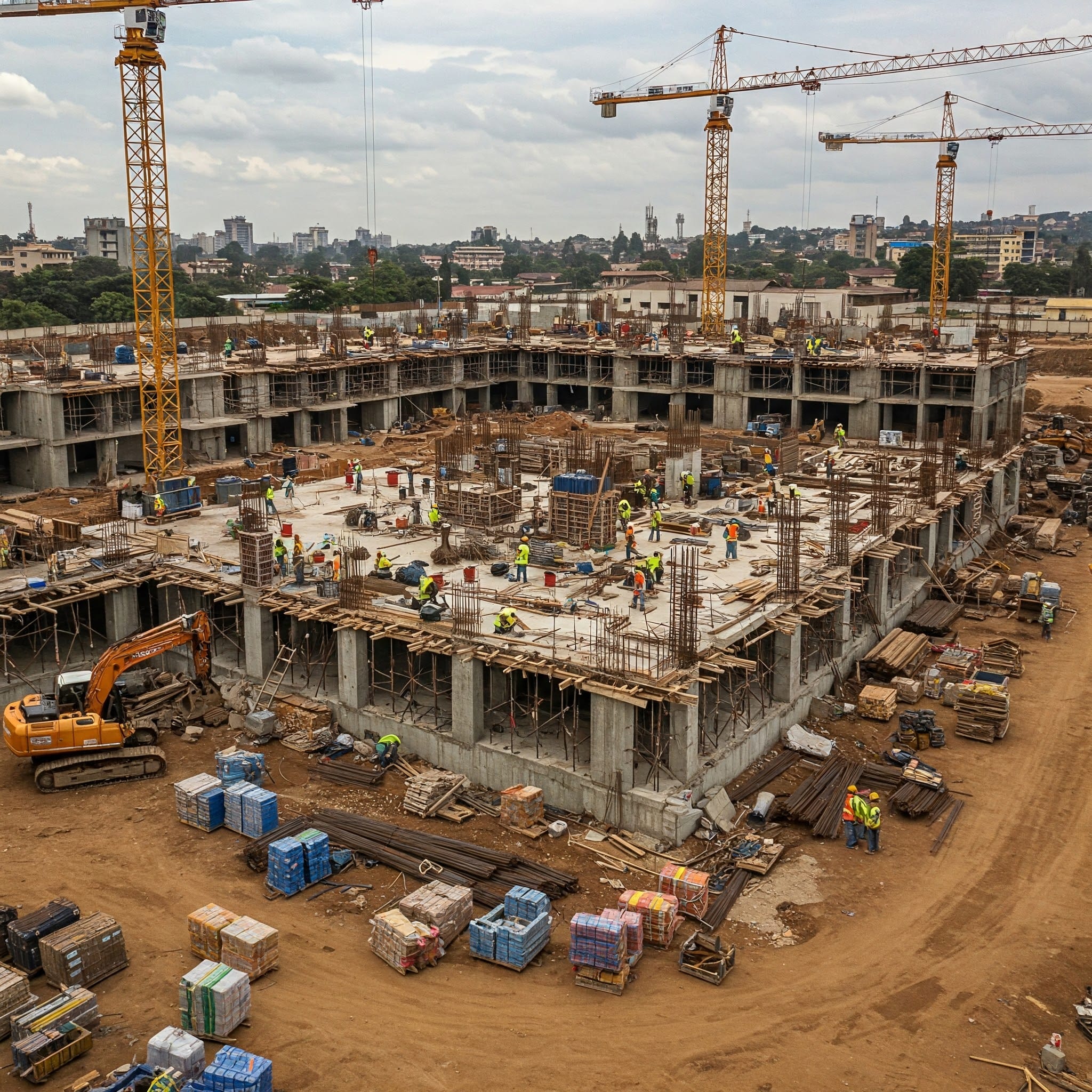 Construction site with graphic overlay showing management icons