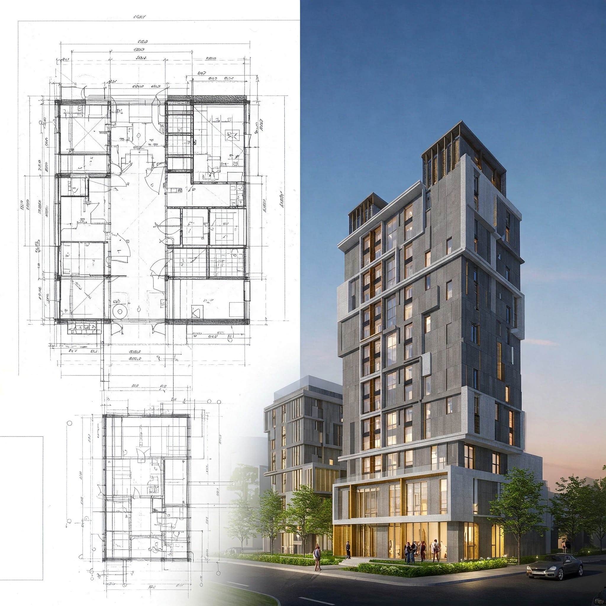 Blueprint transitioning into a finished modern building